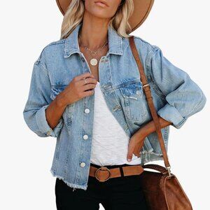 LONGBIDA Women's Jean Jacket Frayed Washed Button Up Cropped Pockets Large